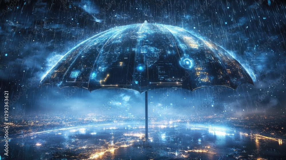 Poster a high-tech umbrella formed by interconnected ai-driven security nodes covering the world, symbolizi