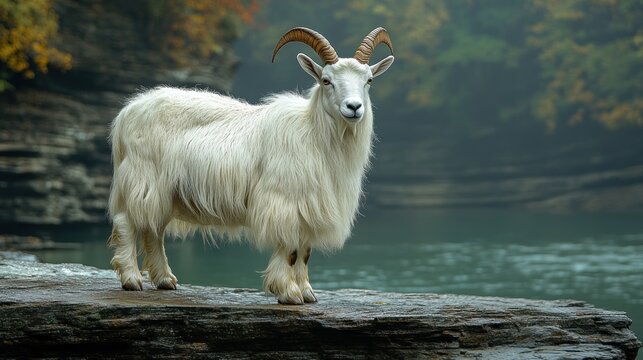 Majestic white goat by autumn river