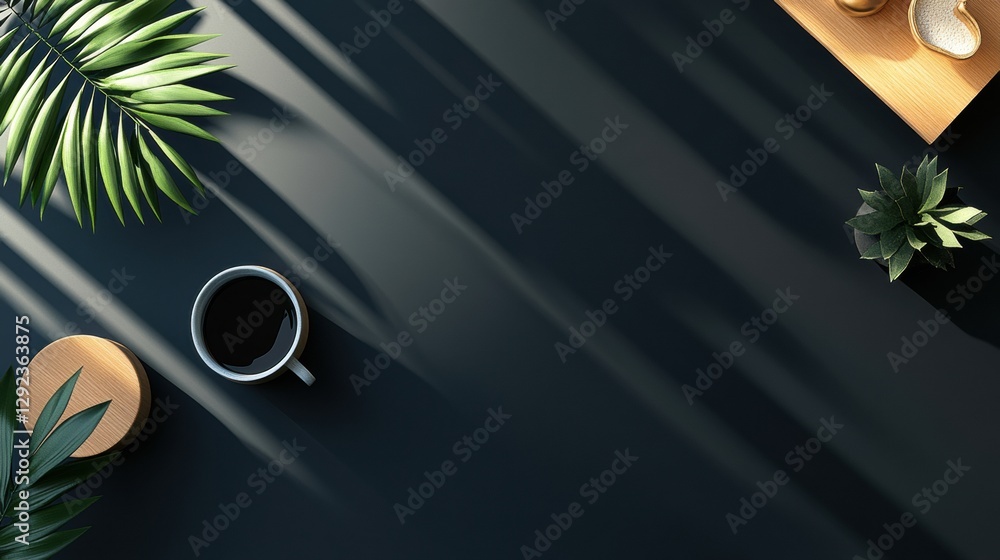 Aufkleber Morning coffee surrounded by greenery on a dark surface with natural light creating beautiful shadows. Generative AI