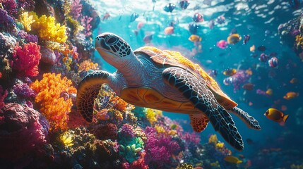 Fototapeta premium Swimming sea turtle among vibrant coral reef underwater scene tropical ocean colorful marine life