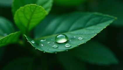 Fototapeta premium Dark green leaves, glistening water droplet on leaf surface , texture, emerald, tropical