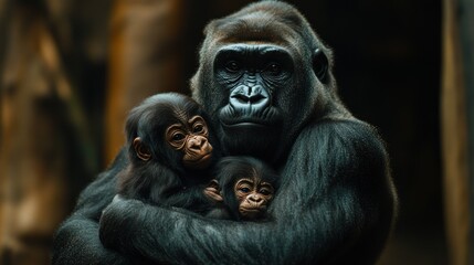 Fototapeta premium A gorilla mother protectively cradles her two infants in a close embrace, showcasing the strong bond within their primate family.