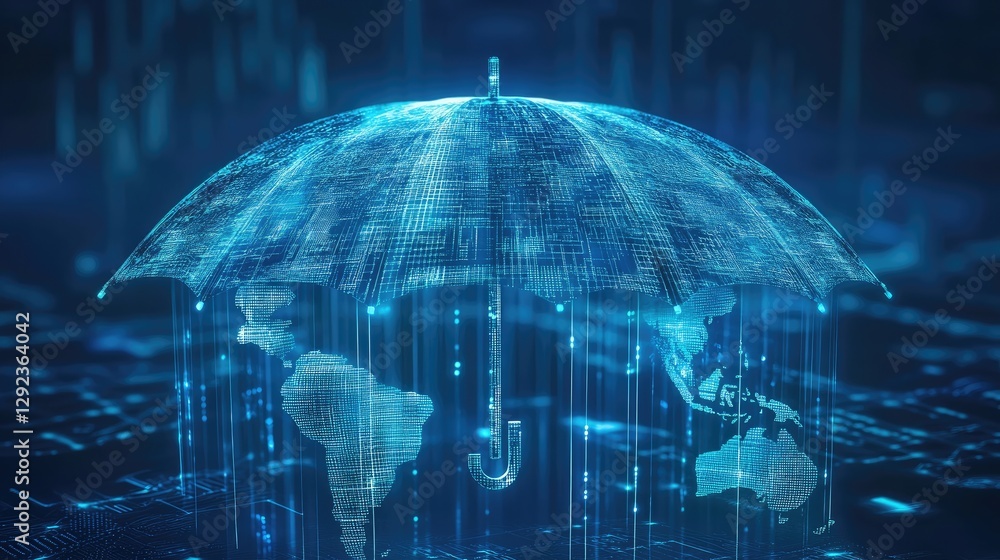 Poster a holographic umbrella made of security grids spreading over the world, symbolizing ai-driven tech i