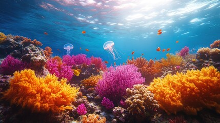 Fototapeta premium Vibrant coral reef teeming with life, featuring jellyfish and colorful fish in sunlit ocean water.
