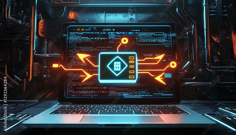 Poster a futuristic laptop screen showing an active secure transfer with animated glowing arrows and encryp