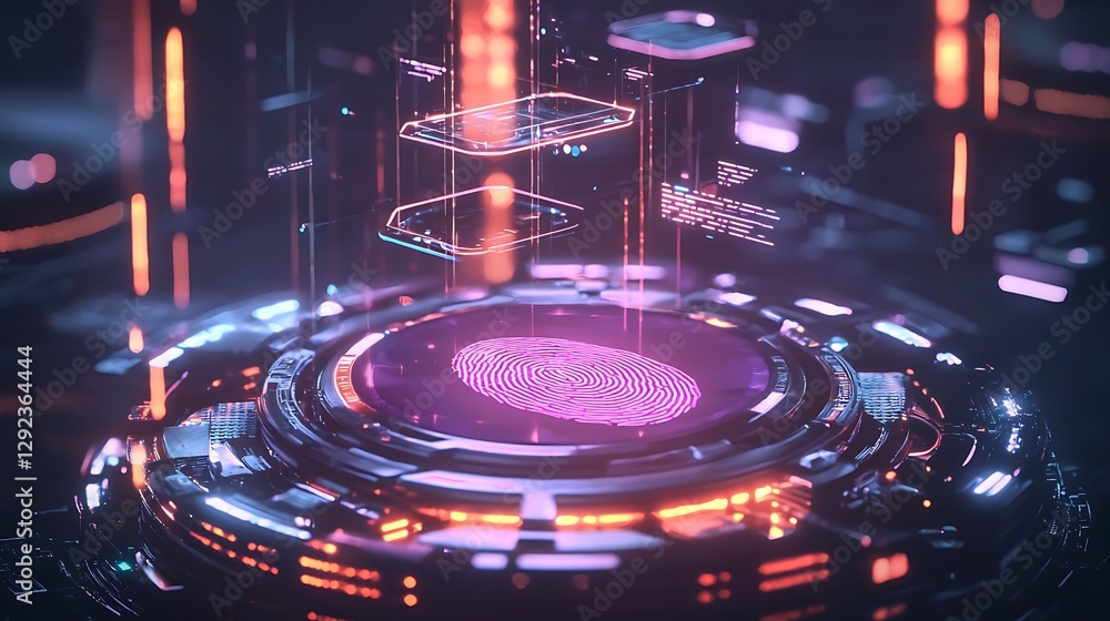 Poster a futuristic rendering a fingerprint scanner glowing with success indicators and floating verificati