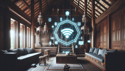 Obraz premium Traditional wooden Thai house integrated with futuristic internet of things