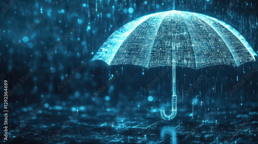 Poster a holographic umbrella of interconnected security grids protecting earth, symbolizing the power of a