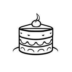 Minimalist Illustration: Black and white cake, featuring cherry on top, simple lines, isolated, circular.