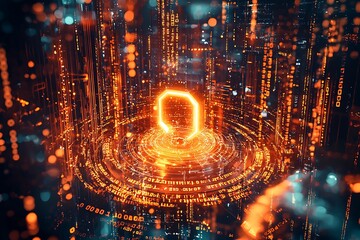 Fototapeta premium A futuristic rendering a glowing lock surrounded by cascading binary patterns and encrypted layers protection.