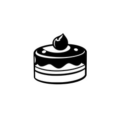 Glossy dessert cake is rendered with a cute black and white minimalist illustrative style and a drop-shaped cherry on top.