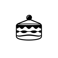 Black and White Illustration of a Layered Cake with Cherry and Abstract Design.