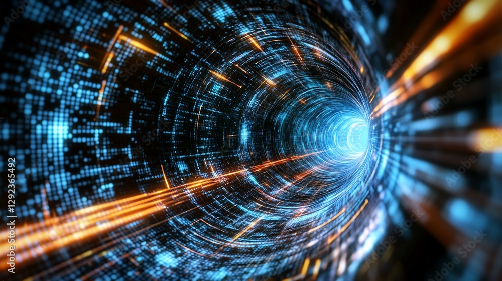 Poster abstract digital tunnel with blue and orange light patterns creates a sense of movement and speed