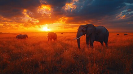 Naklejka premium Majestic elephants silhouetted against a vibrant African sunset.