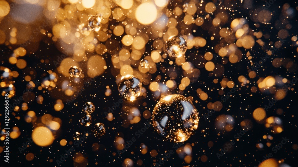 Poster golden bubbles floating in dark space with sparkling background
