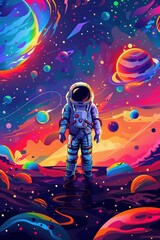 Vector illustration of space, cosmonaut and galaxy for poster, banner or background