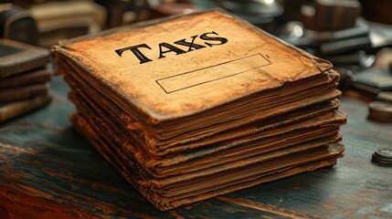 Tax Document Folder Close-Up Vintage Style with Bold Taxes Label and Soft Focus