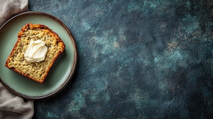 Delicious slice of banana bread topped with creamy butter on a rustic plate against a textured dark background.