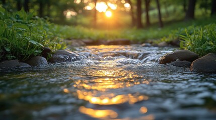 Fototapeta premium Sunset illuminating a flowing stream in a lush green forest.
