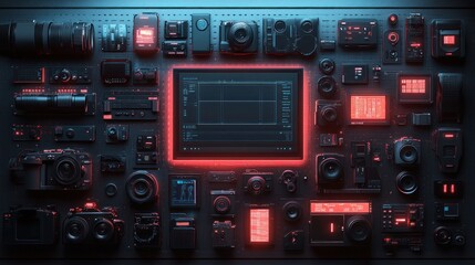 Dark futuristic tech collage of cameras, lenses, and audio equipment surrounding a central monitor.