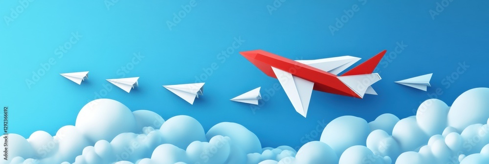 Poster red and white airplane leads a formation of paper planes in a clear blue sky. generative ai