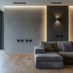 The interior of the apartment with sockets on the wall gray background