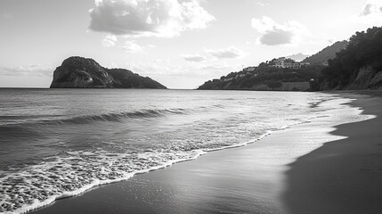 Obraz premium Serene ocean waves coastal landscape black and white photography tranquil seaside panoramic view nature's beauty