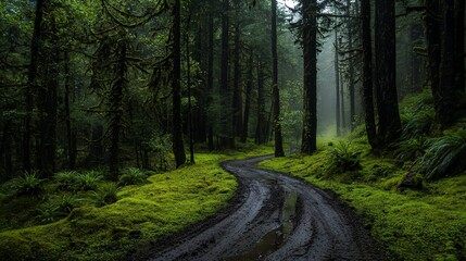 Fototapeta premium Misty forest road winding through lush green moss.