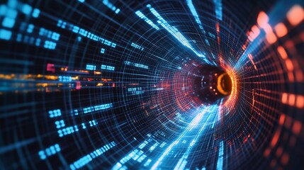 Fototapeta premium Abstract digital tunnel with glowing geometric patterns and data flowing through the network