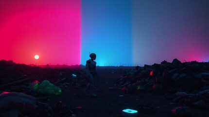 Lonely robot in dystopian trash landscape, distinct split bioluminescent colors