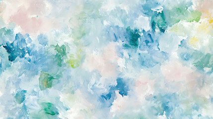 A painting of a blue sky with green leaves and pink flowers