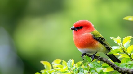 Vibrant red bird perched on branch, green foliage background, nature scene, wildlife photography