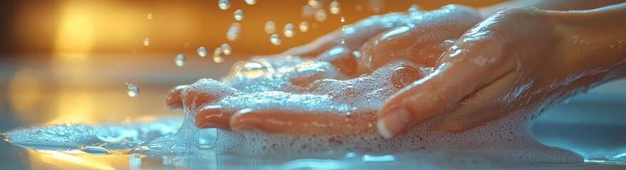 Fototapeta premium Hand Washing Hygiene for Virus Prevention with Soap and Water in Modern Sink Soft Lighting