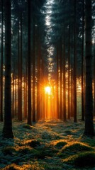 Fototapeta premium Golden Sunlight Through Pine Trees At Sunset