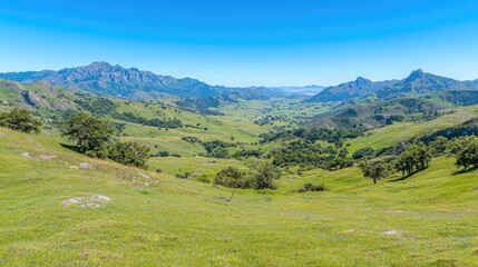 Fototapeta premium Mountain valley scenic view, green hills, blue sky, summer day, travel photography