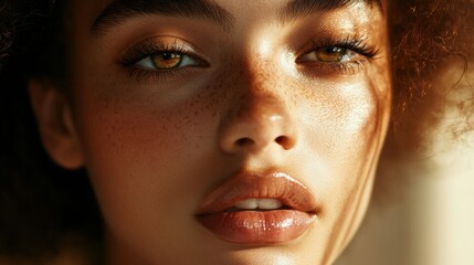 Captivating close up portrait of a woman with flawless skin and striking features in soft natural light. Generative AI