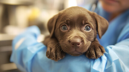 A small brown dog is being held by a person in a blue lab coat