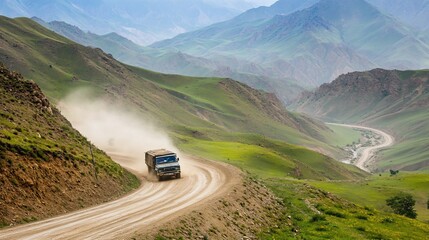 Fototapeta premium Truck driving on a dusty mountain road.