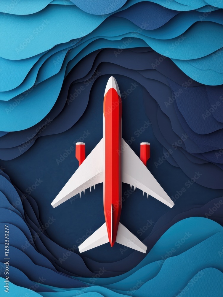 Poster airplane flying over abstract waves in blue and white color palette during daytime. generative ai