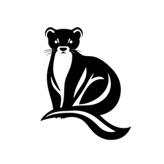 Silhouette of a sitting, stylized, black and white, mink-like animal with a serious, focused gaze.
