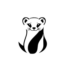 Stylized black-and-white illustration of a sitting, cheerful weasel, centered, with a clean, minimalist design, evoking simplicity.