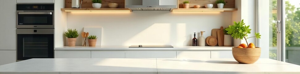 Bright kitchen with empty countertop desk area, space, minimal