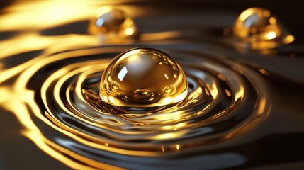 Golden Water Droplets on Calm Surface with Reflections and Ripples