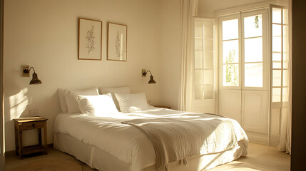 A large bed with a white comforter and pillows is in a room with a window