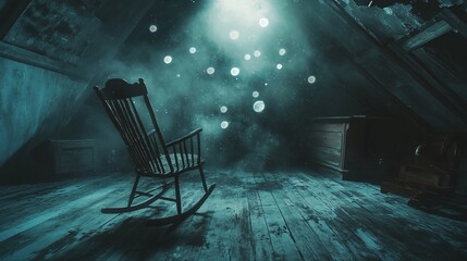 Eerie attic scene with a rocking chair and mysterious floating lights in the dark