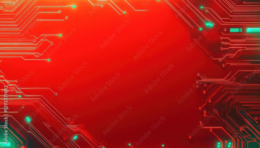 Poster abstract red circuit board background with green glowing lines