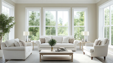 A living room with a white couch, two chairs, a coffee table, and a potted plant