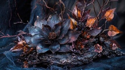 Dark floral arrangement, autumn leaves, moody backdrop, gothic style, Halloween decor