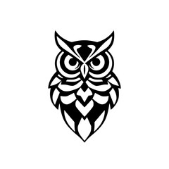 Detailed black and white illustration of an owl, stylized with a clean, geometric design, perfect for logos and graphic applications.