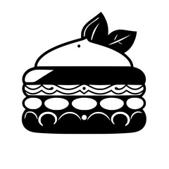 Abstract black and white illustration of a layered dessert with fresh basil topping.